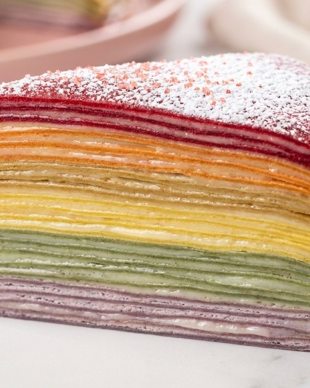A rainbow layer crepe cake slice dusted with sugar