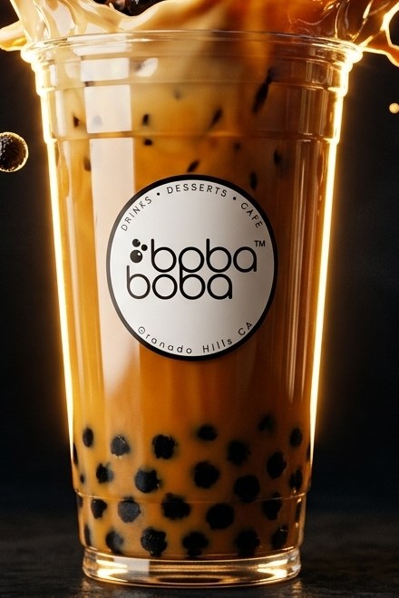 Brown sugar milk tea mid-splash with tapioca pearls