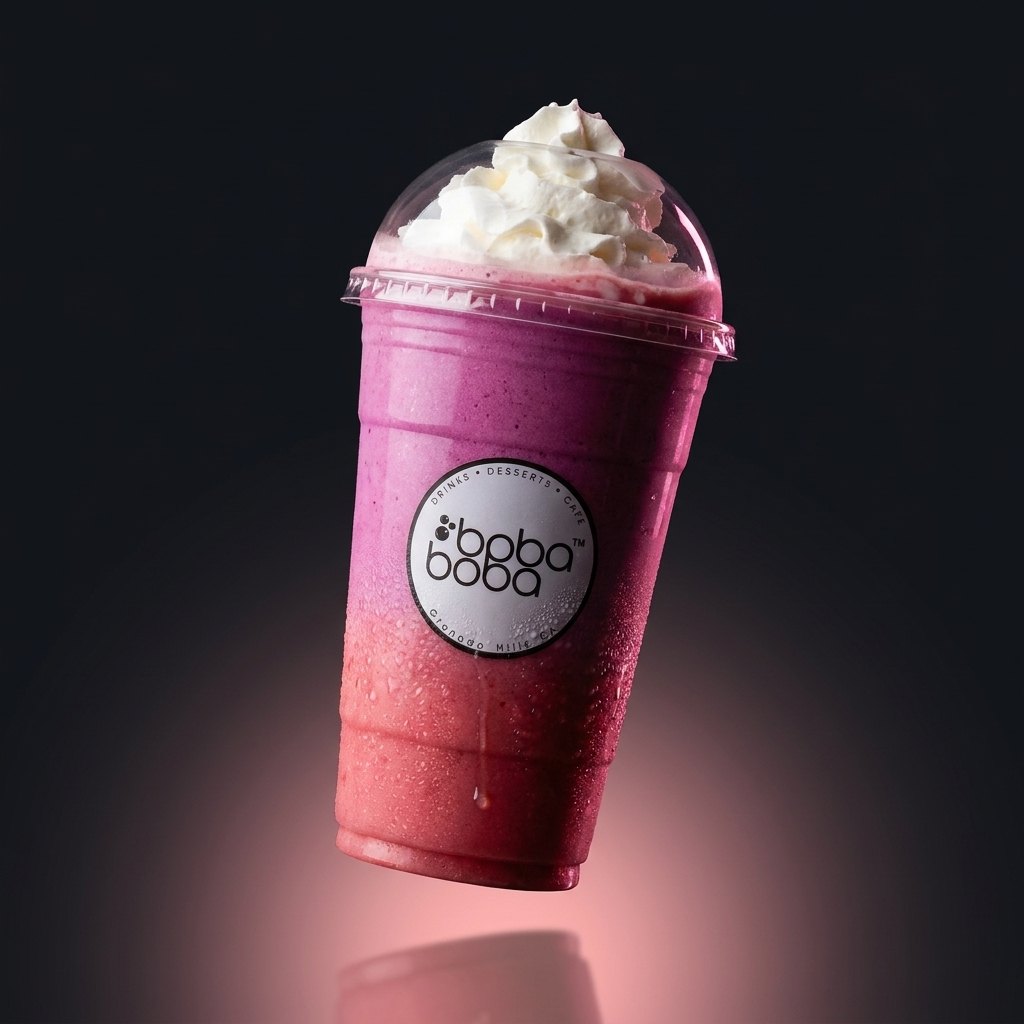 Berry ombré shake with whipped cream, studio-lit against a dark glow