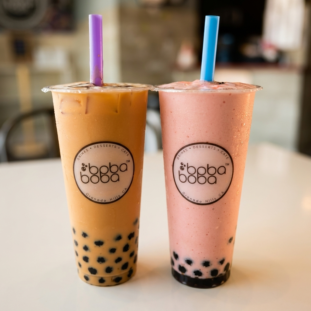 Fresh tapioca pearls falling into a Boba Boba milk tea