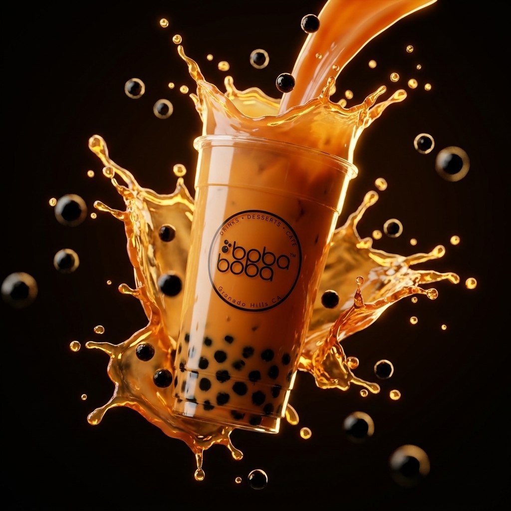 Milk tea mid-pour, exploding with amber splash and tapioca pearls
