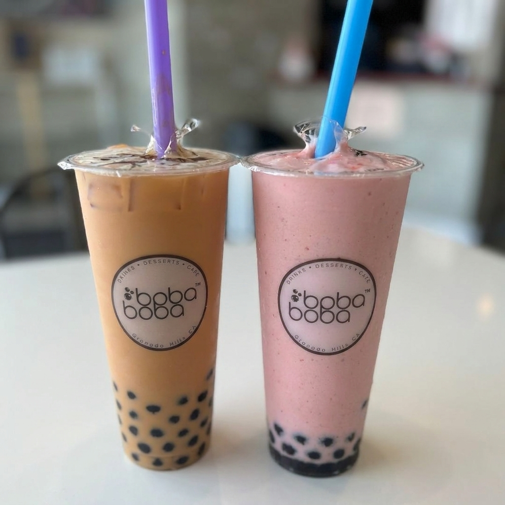 Milk tea and strawberry smoothie being poured into two tall Boba Boba cups