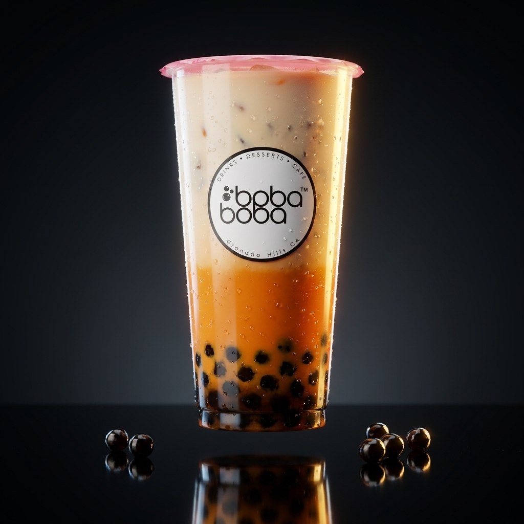 The finished cup — strawberry-sealed milk tea with golden pearls