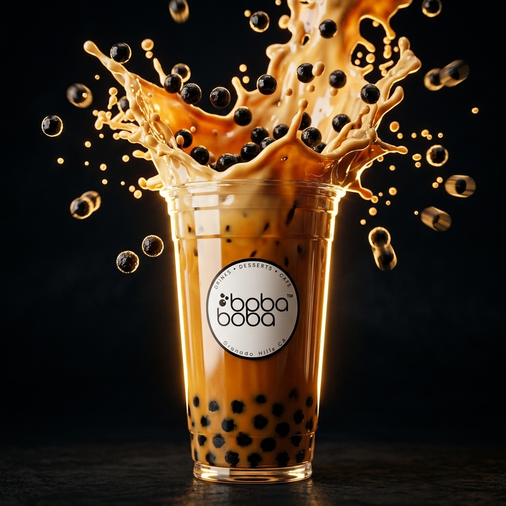Brown sugar milk tea erupting in a splash of caramel and flying tapioca pearls
