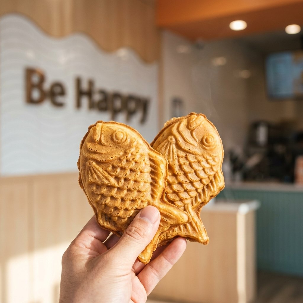 Two golden taiyaki fish waffles held up in front of the Be Happy wall at Boba Boba