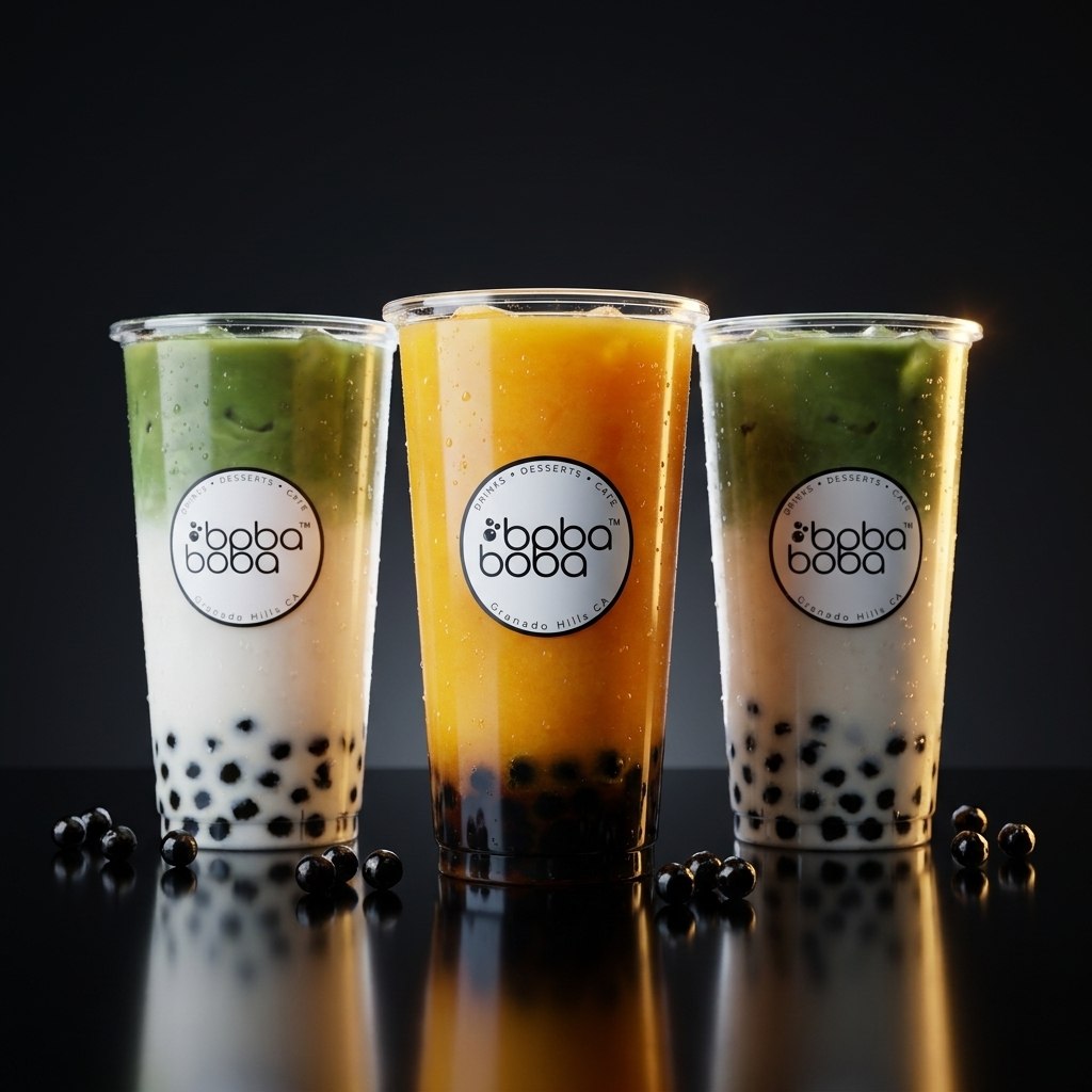 Two layered matcha lattes and a mango fruit tea, studio-lit on black
