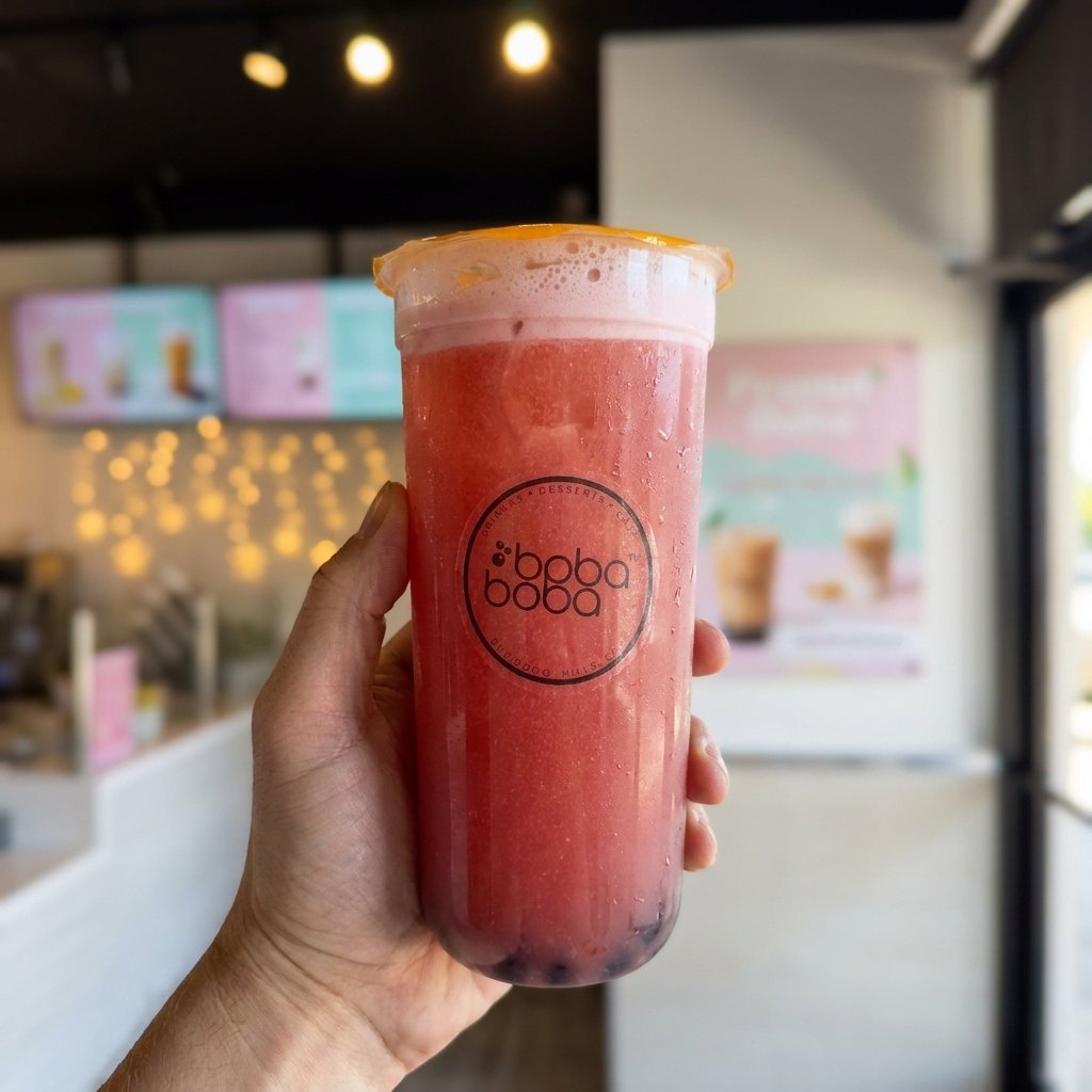 Watermelon fruit tea with pearls and a mango-sealed lid, held up inside Boba Boba